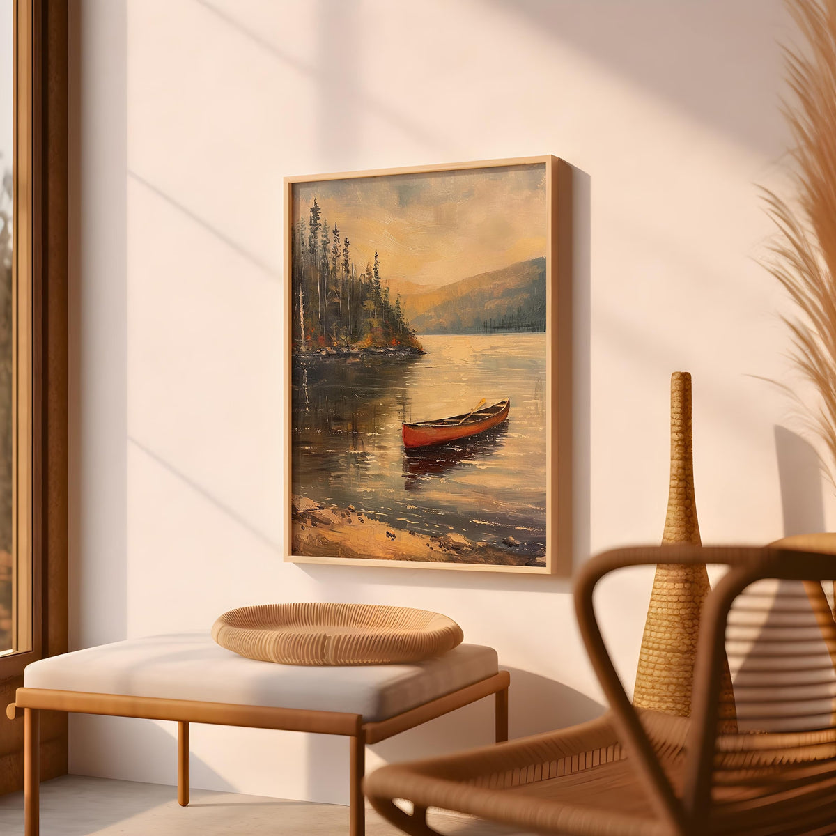 Vintage Canoe Lake Wall Art Print – Rustic Landscape Poster in Green, Blue and Red