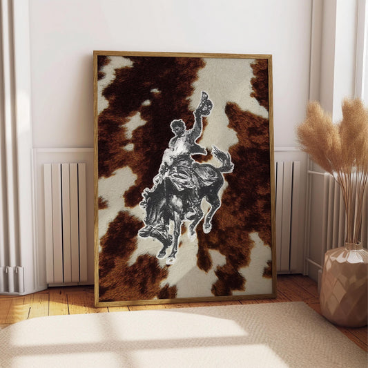 Western Cowboy Wall Art Print – Rodeo Horse and Cowhide Collage Poster in Brown, Cream and Black