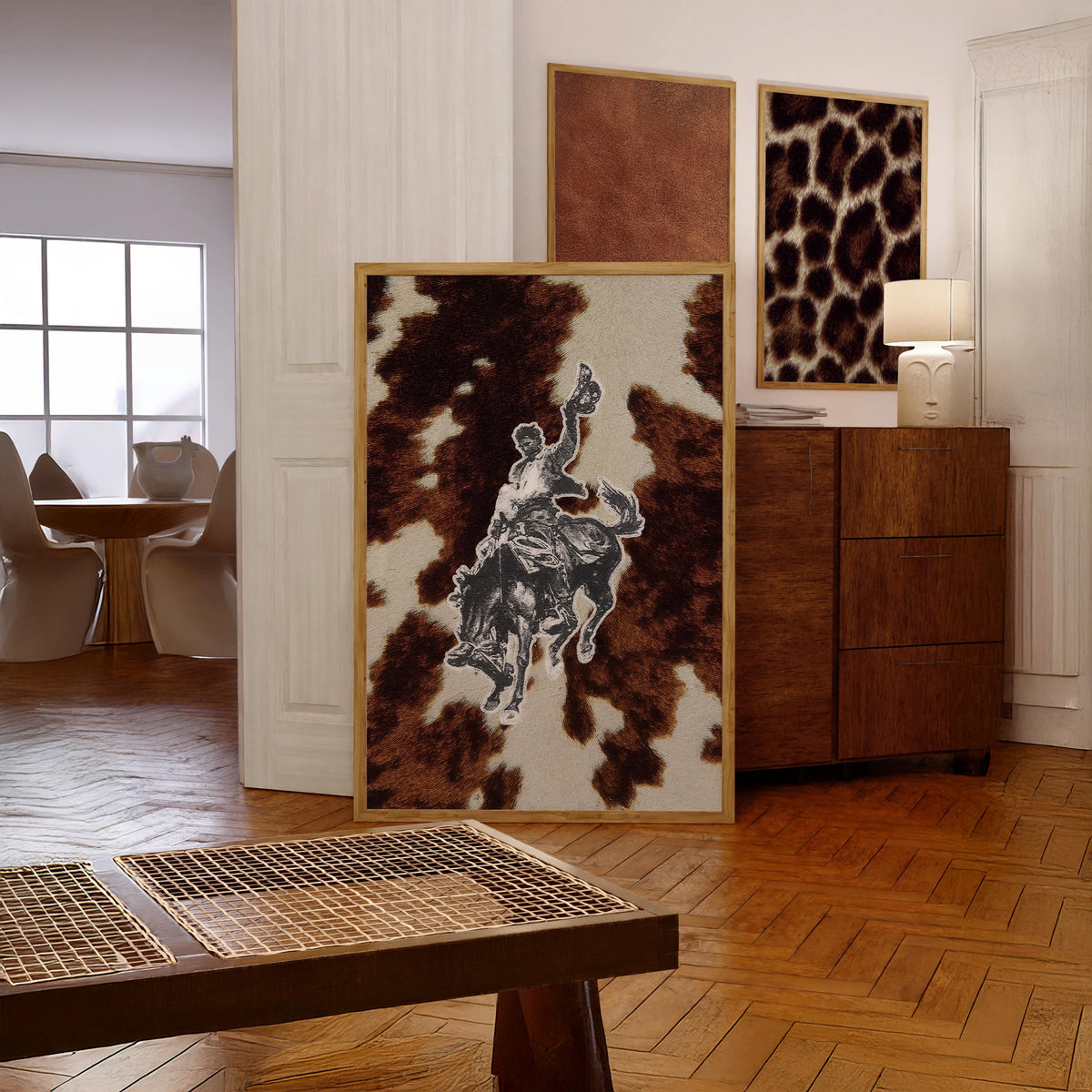 Western Cowboy Wall Art Print – Rodeo Horse and Cowhide Collage Poster in Brown, Cream and Black