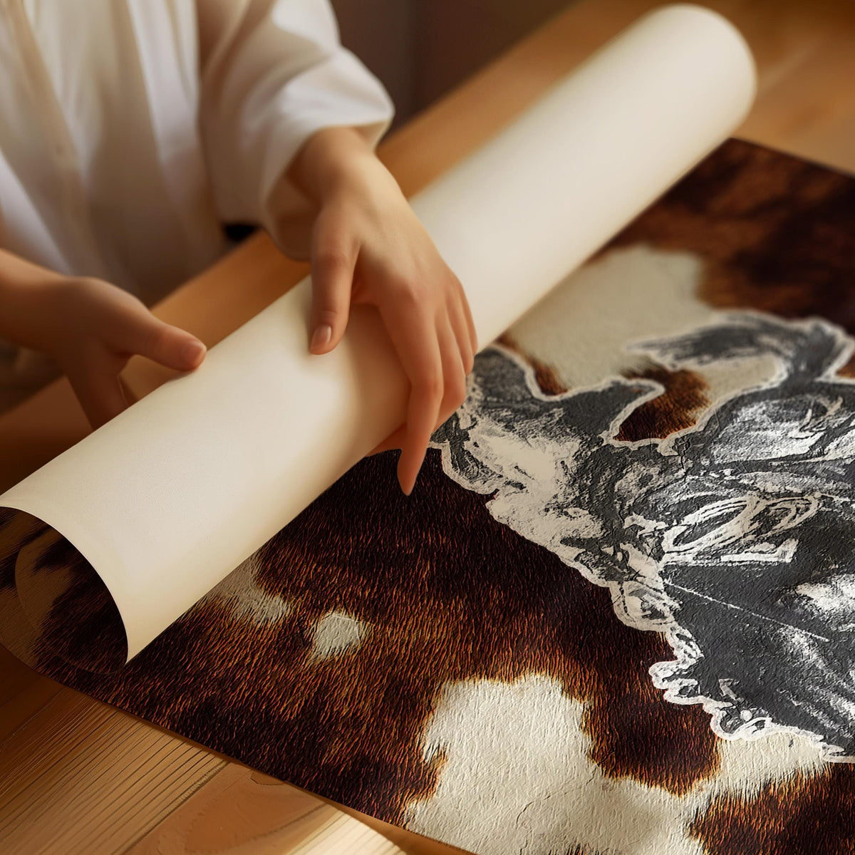 Western Cowboy Wall Art Print – Rodeo Horse and Cowhide Collage Poster in Brown, Cream and Black