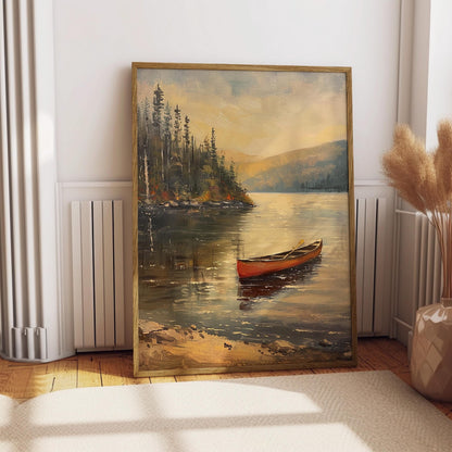 Vintage Canoe Lake Wall Art Print – Rustic Landscape Poster in Green, Blue and Red