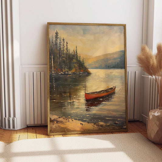 Vintage Canoe Lake Wall Art Print – Rustic Landscape Poster in Green, Blue and Red