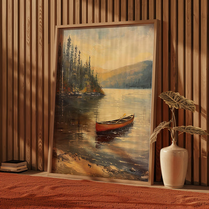Vintage Canoe Lake Wall Art Print – Rustic Landscape Poster in Green, Blue and Red