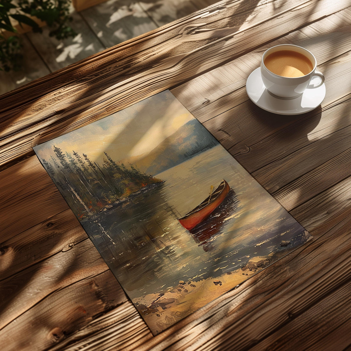 Vintage Canoe Lake Wall Art Print – Rustic Landscape Poster in Green, Blue and Red