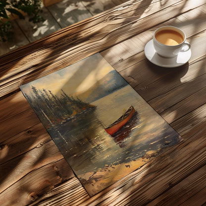 Vintage Canoe Lake Wall Art Print – Rustic Landscape Poster in Green, Blue and Red