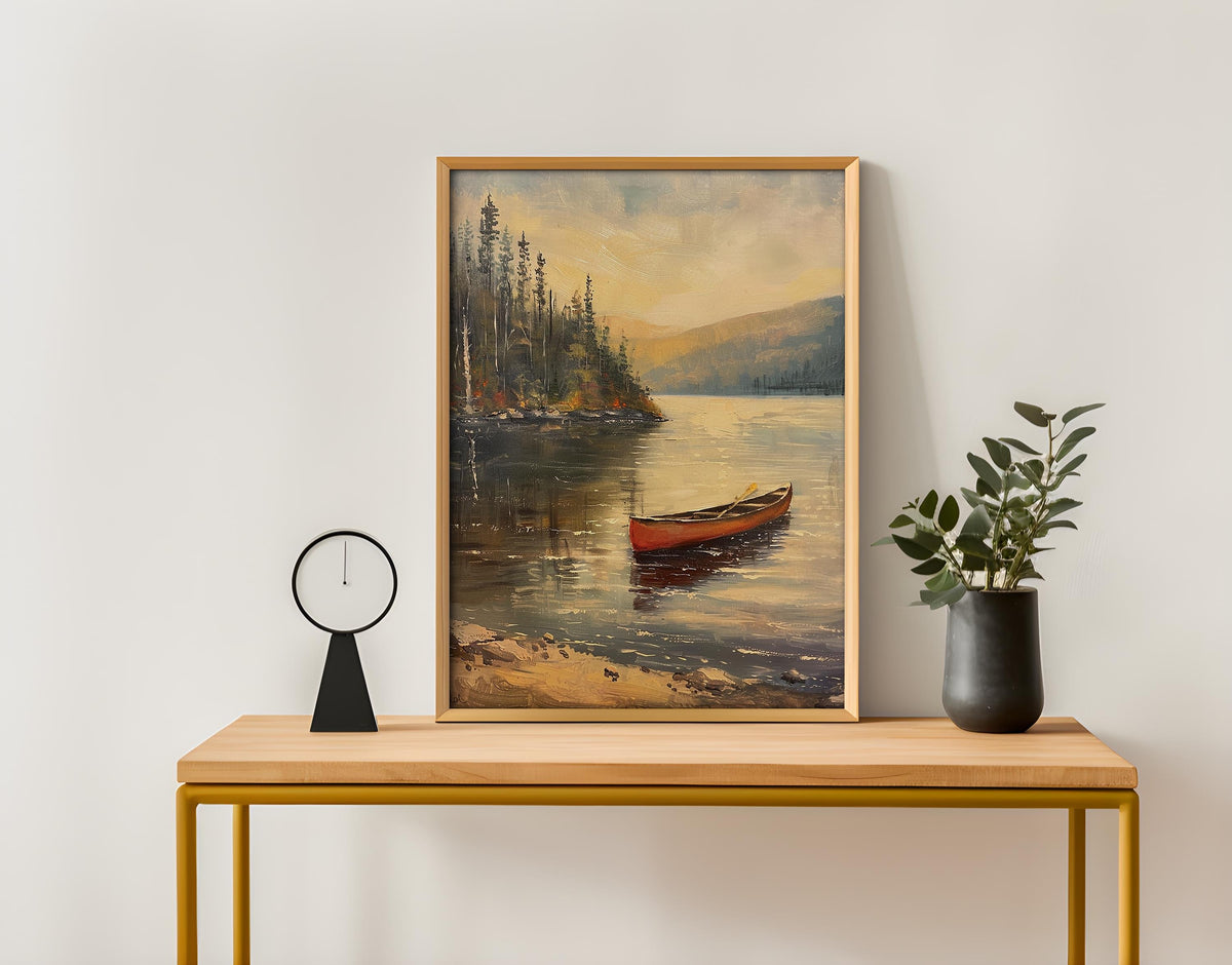 Vintage Canoe Lake Wall Art Print – Rustic Landscape Poster in Green, Blue and Red