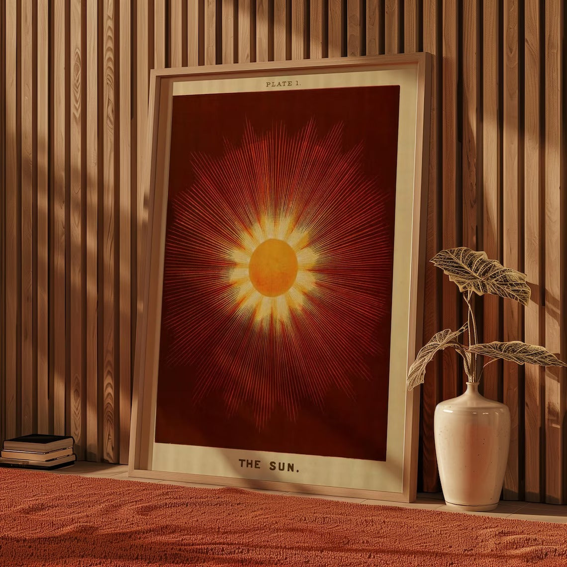 Vintage Sun Wall Art Print – Celestial Astronomy Poster in Burgundy, Orange and Gold