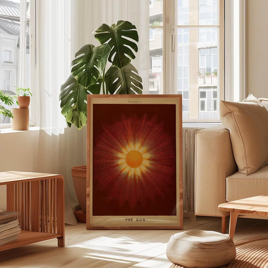 Vintage Sun Wall Art Print – Celestial Astronomy Poster in Burgundy, Orange and Gold