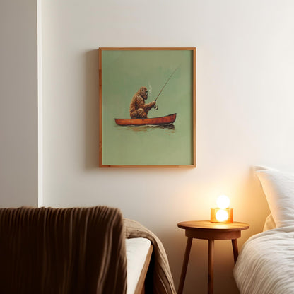 Bigfoot Fishing Wall Art Print – Vintage Sasquatch Canoe Poster in Green, Brown and Red