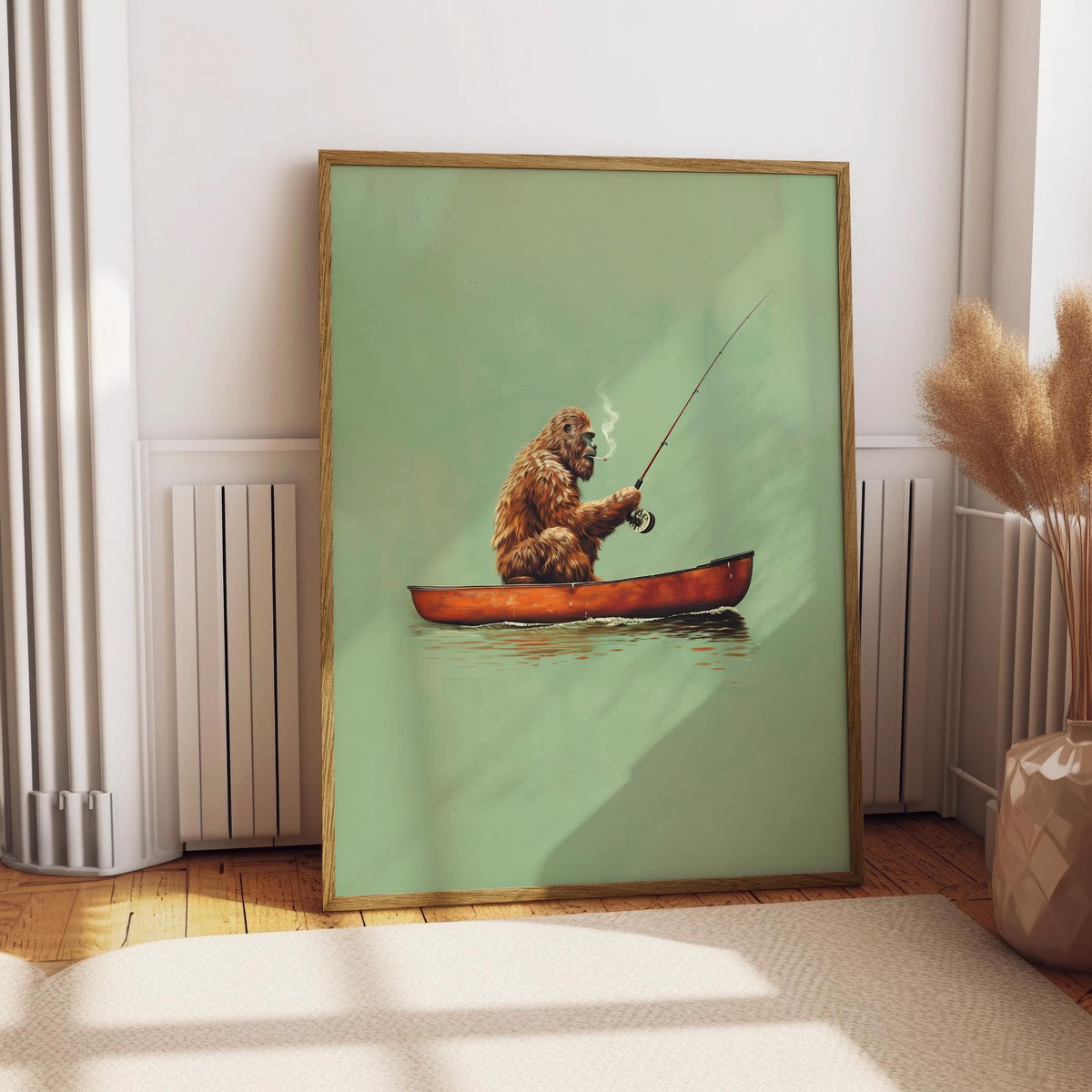 Bigfoot Fishing Wall Art Print – Vintage Sasquatch Canoe Poster in Green, Brown and Red