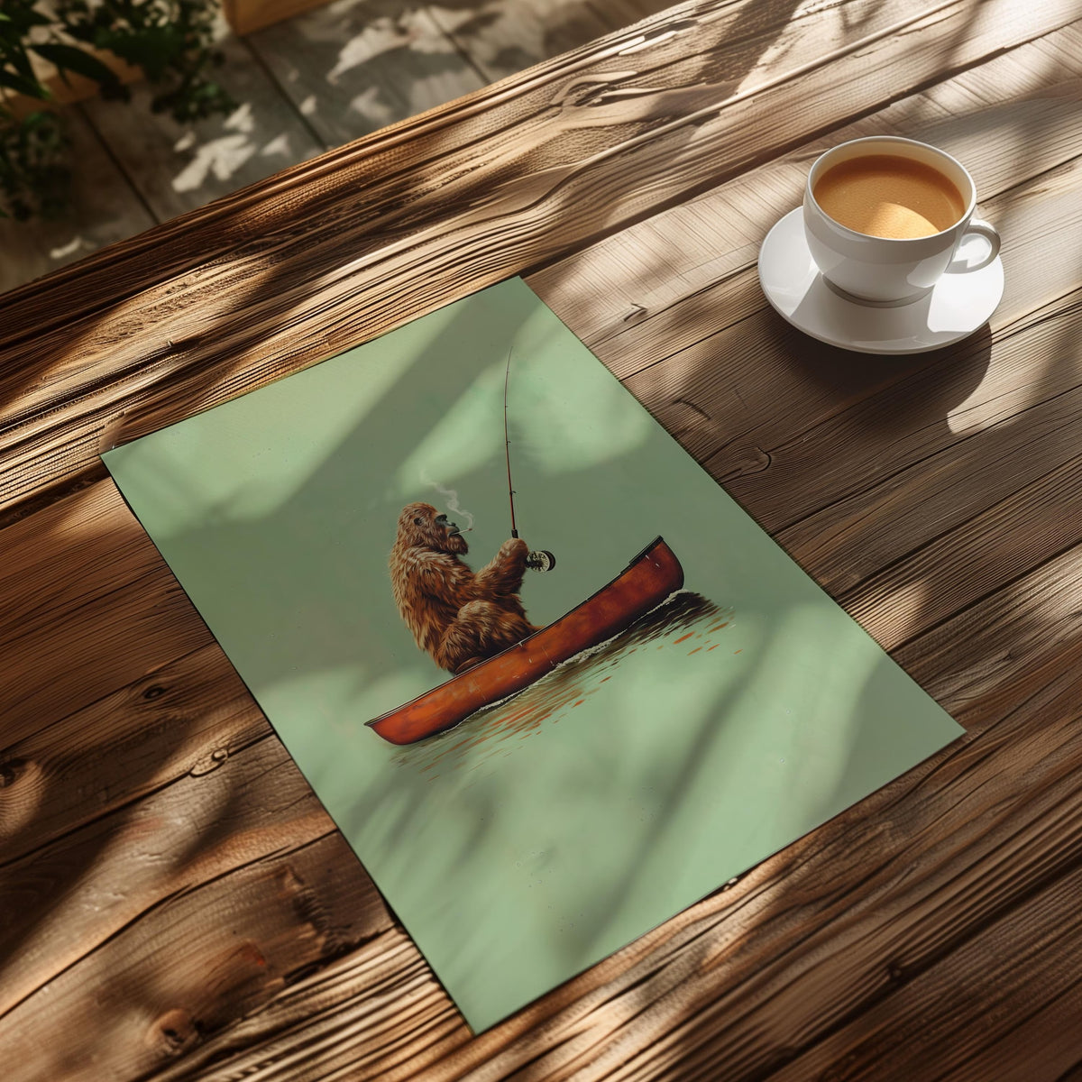 Bigfoot Fishing Wall Art Print – Vintage Sasquatch Canoe Poster in Green, Brown and Red