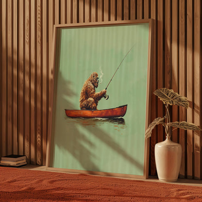 Bigfoot Fishing Wall Art Print – Vintage Sasquatch Canoe Poster in Green, Brown and Red